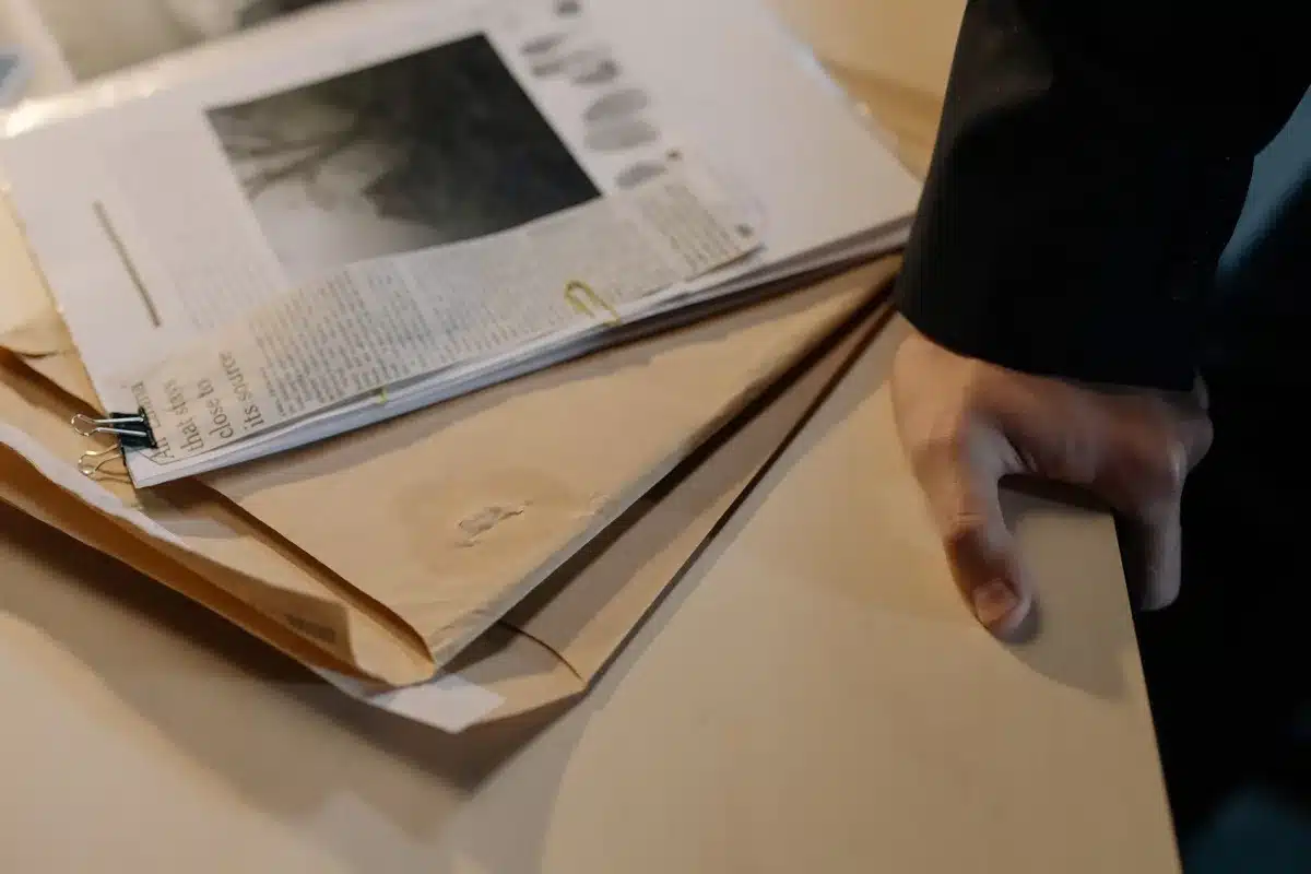Documents, courriels imprimés et preuves électroniques rassemblés sur un bureau pour constituer un dossier