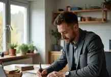 Quinze idées de business rentables à lancer avec ChatGPT Personne travaillant sur un ordinateur portable avec des notes et des outils de travail sur le bureau
