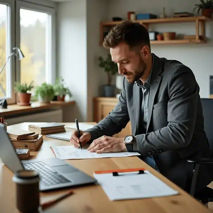 Personne travaillant sur un ordinateur portable avec des notes et des outils de travail sur le bureau