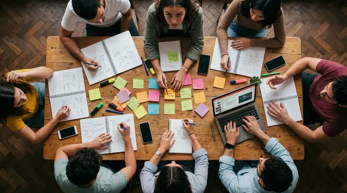 Groupe de professionnels en supervision autour d'une table en salle claire